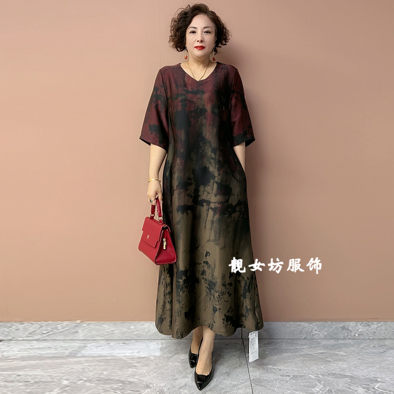 垂坠感大码200斤连衣裙宽松遮肚显瘦中长裙胖妈妈夏装过膝长裙子