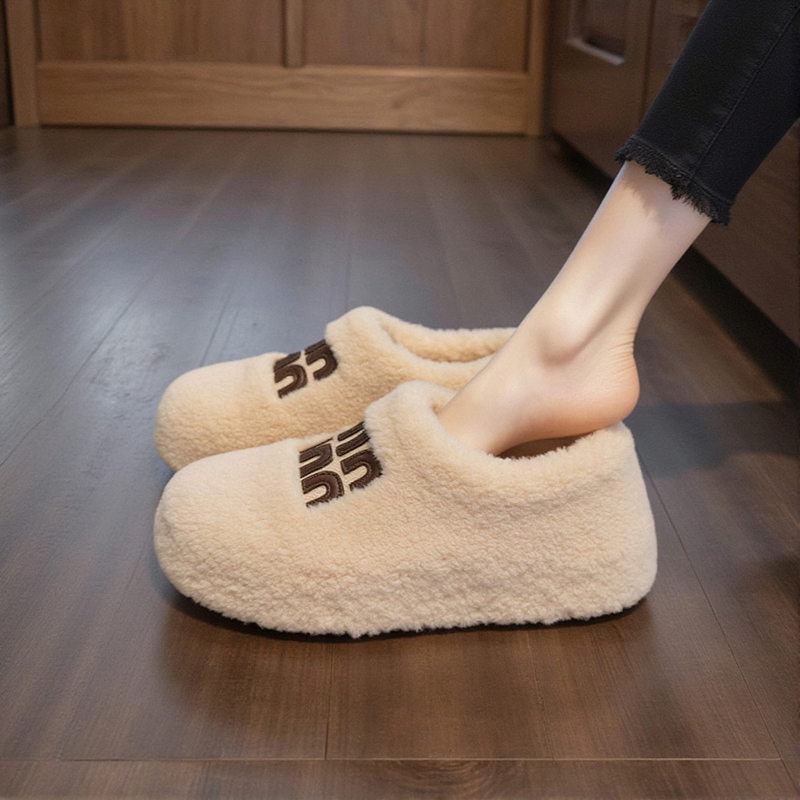 羊羔绒厚底毛毛鞋女2025新款秋季复古字母软底加绒保暖孕妇豆豆鞋