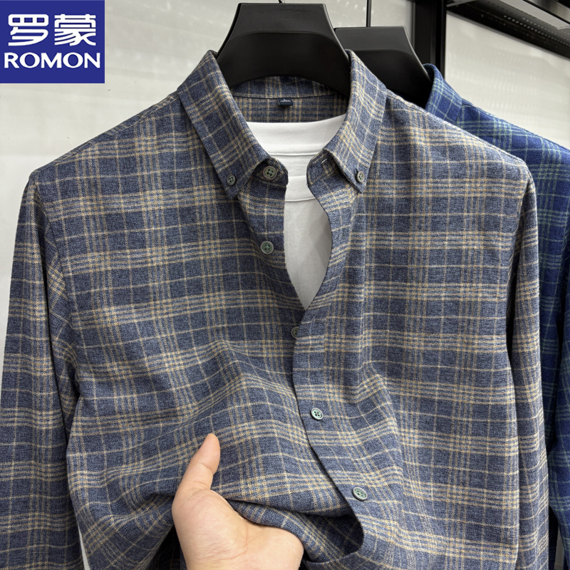 罗蒙新款100%纯棉长袖衬衫商务休闲潮流格子衫棉质柔软舒适衬衣男