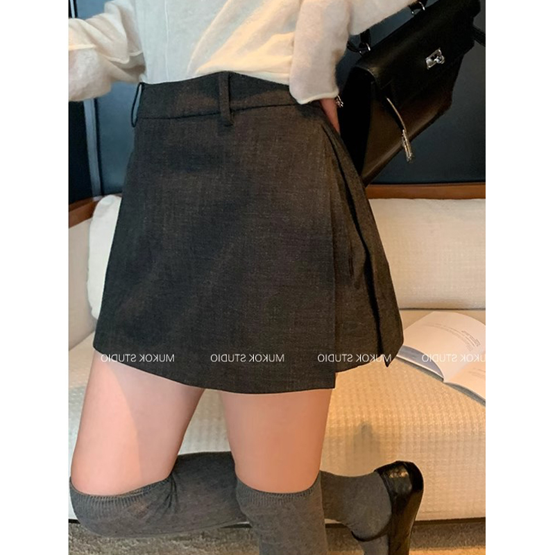 耶古深灰色双层侧边开衩半身裙女春夏秋季高腰显瘦a字剪裁短裙子