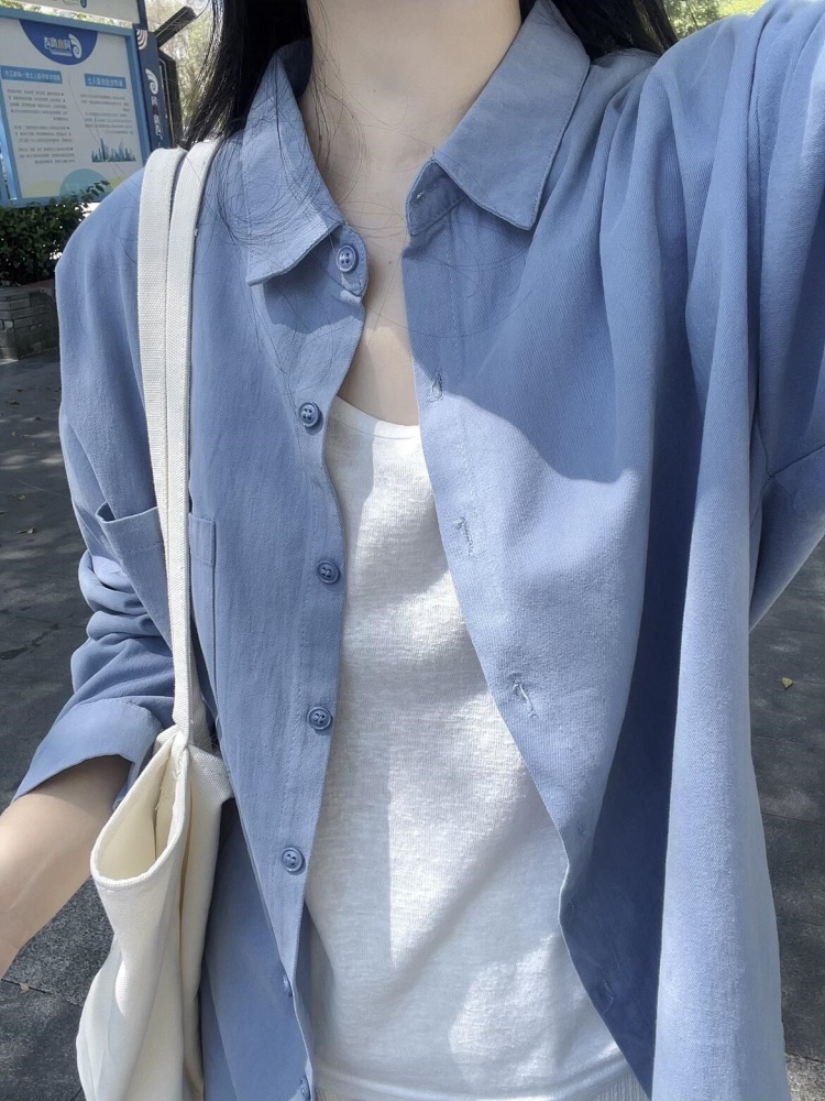 法式蓝色衬衫女早秋季2025新款韩系宽松休闲polo衬衣长袖气质上衣