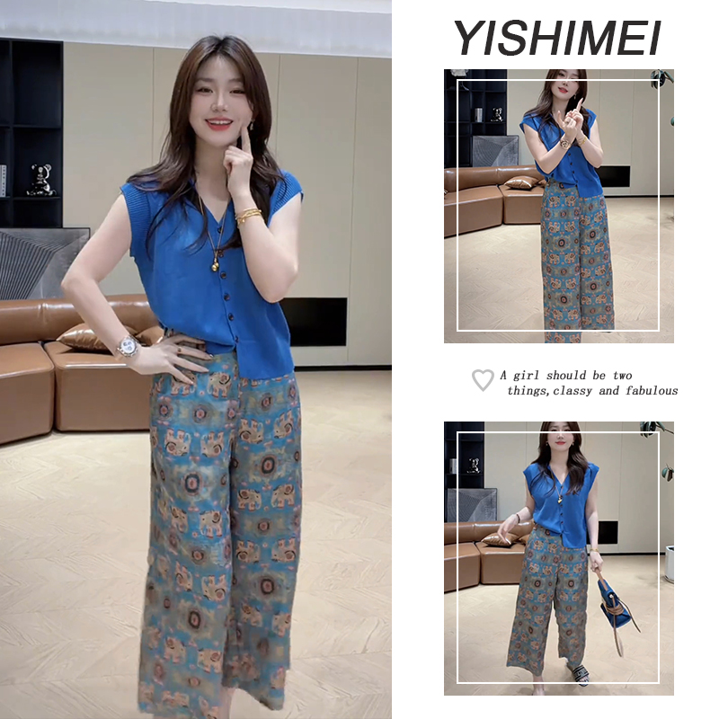 夏季温柔穿搭2025年新款韩系气质百搭纯色针织上衣阔腿裤两件套装