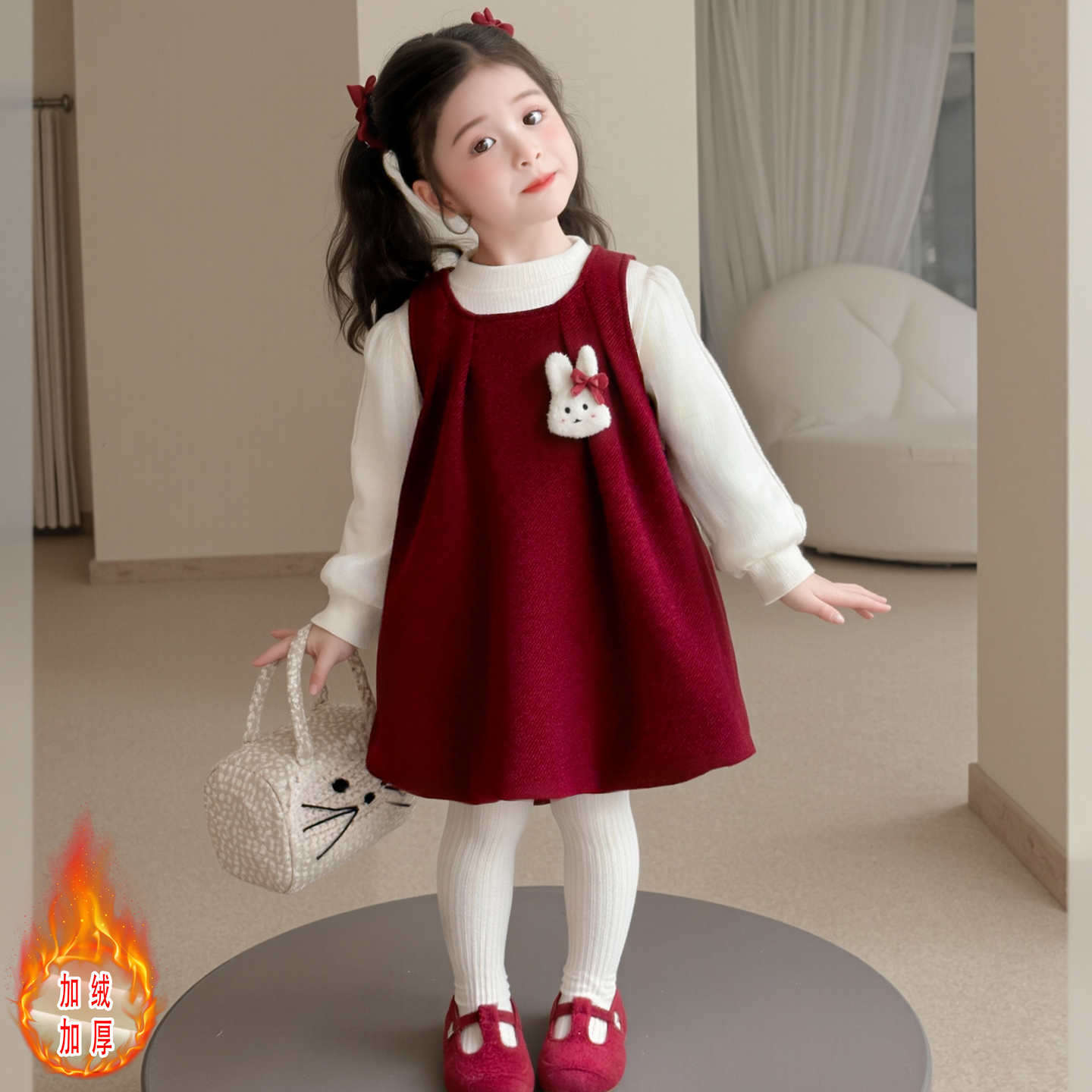 女童洋气秋冬季小香风加绒背带连衣裙套装女宝宝新款时尚加厚裙子