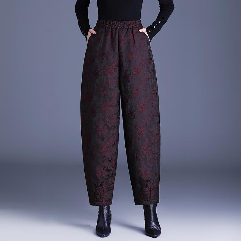 高端提花阔腿羽绒裤女士外穿冬季新款加厚夹哈伦靴裤灯笼长裤