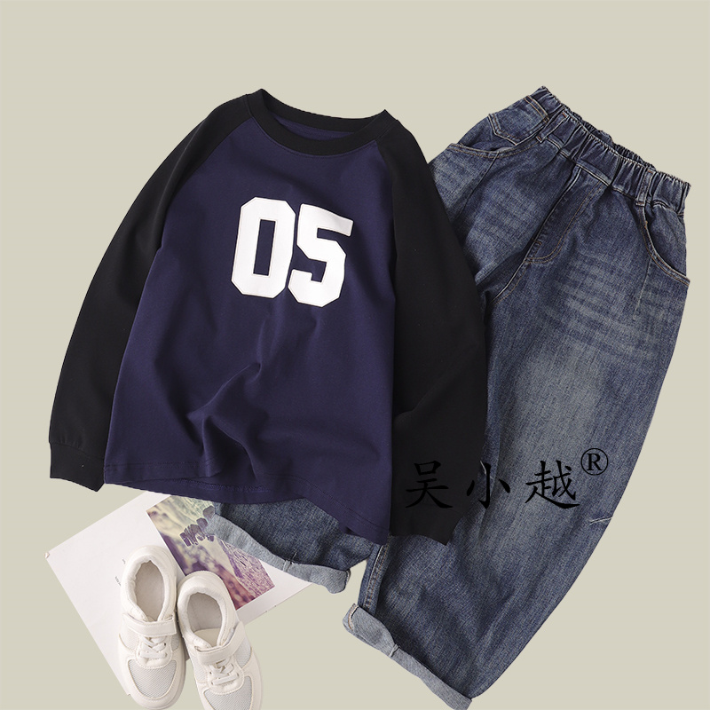 吴小越w1594男童秋款条纹拼色数字宽松无感数码印花棉t恤中大童