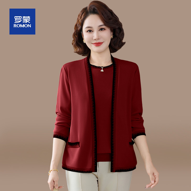 妈妈秋装喜婆婆婚宴装2025新款洋气中老年春秋针织小衫上衣套装女