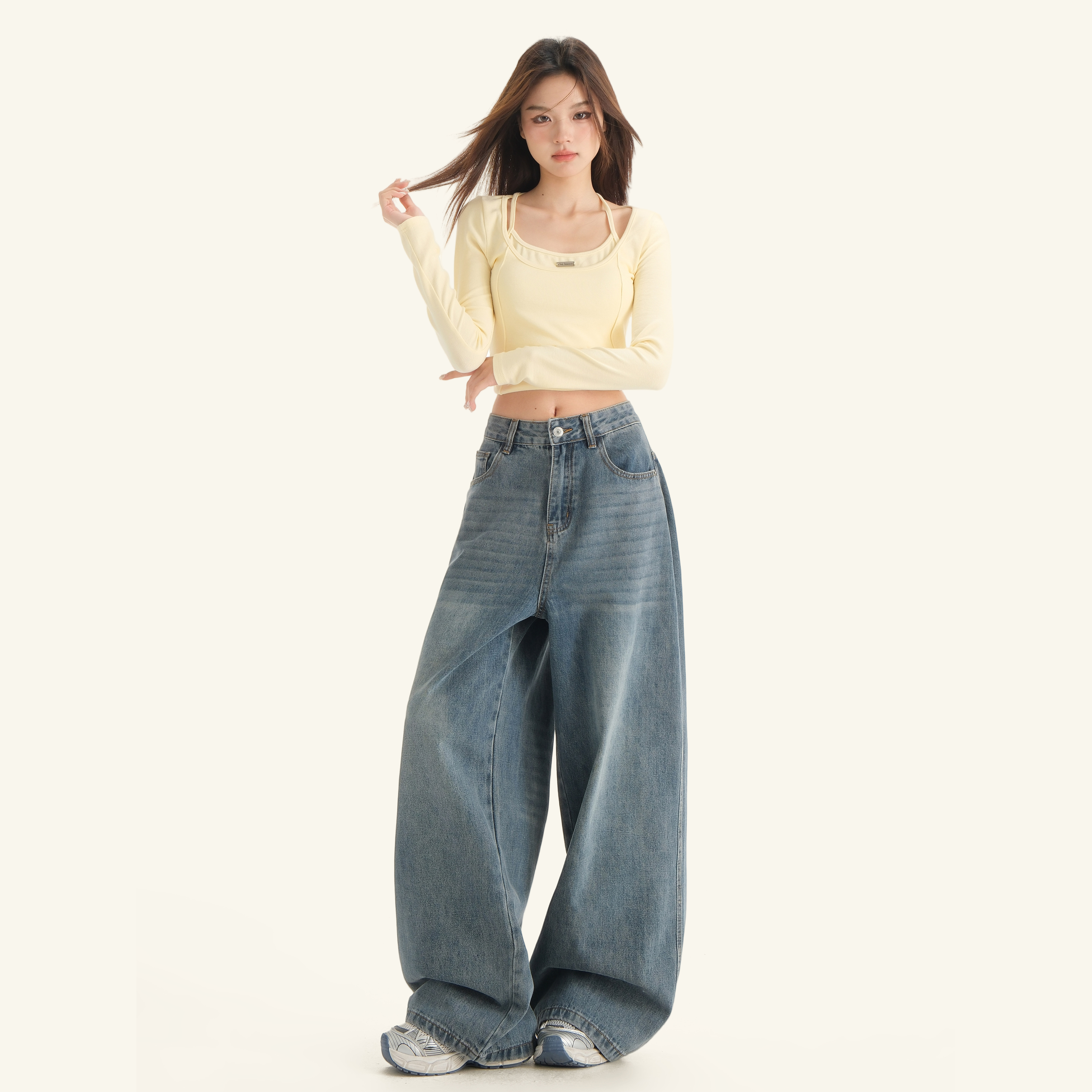 MNGRL 复古高腰阔腿牛仔裤女宽松水洗垂感拖地裤松弛感休闲裤子