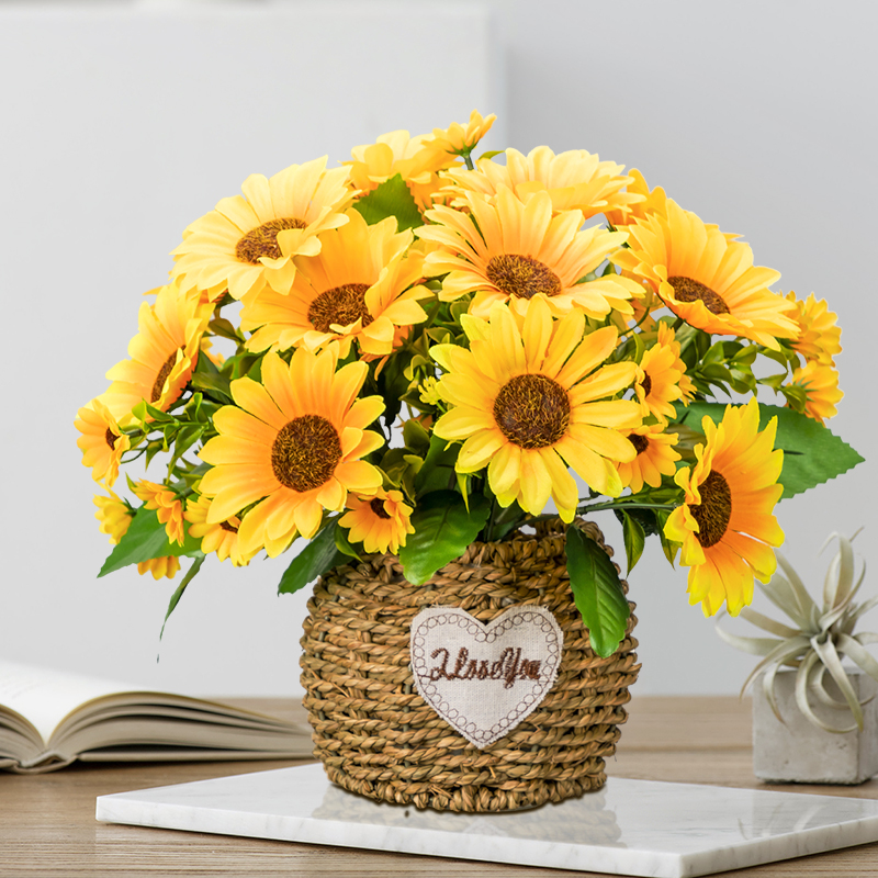 （送花篮）客厅向日葵花束带花篮绿植冰箱塑料永生花优质装饰品