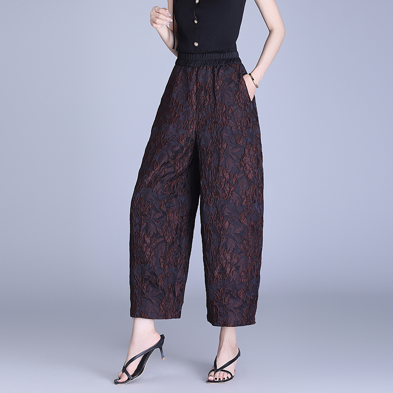高腰提花灯笼裤女春秋夏新款妈妈休闲宽松阔腿裤子九分直筒小腿裤