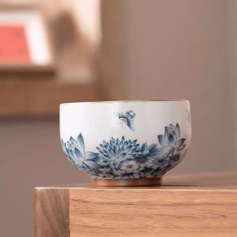 汝窑蝶恋花主人杯茶杯茶具个人专用高档陶瓷大号罗汉杯复古G1318