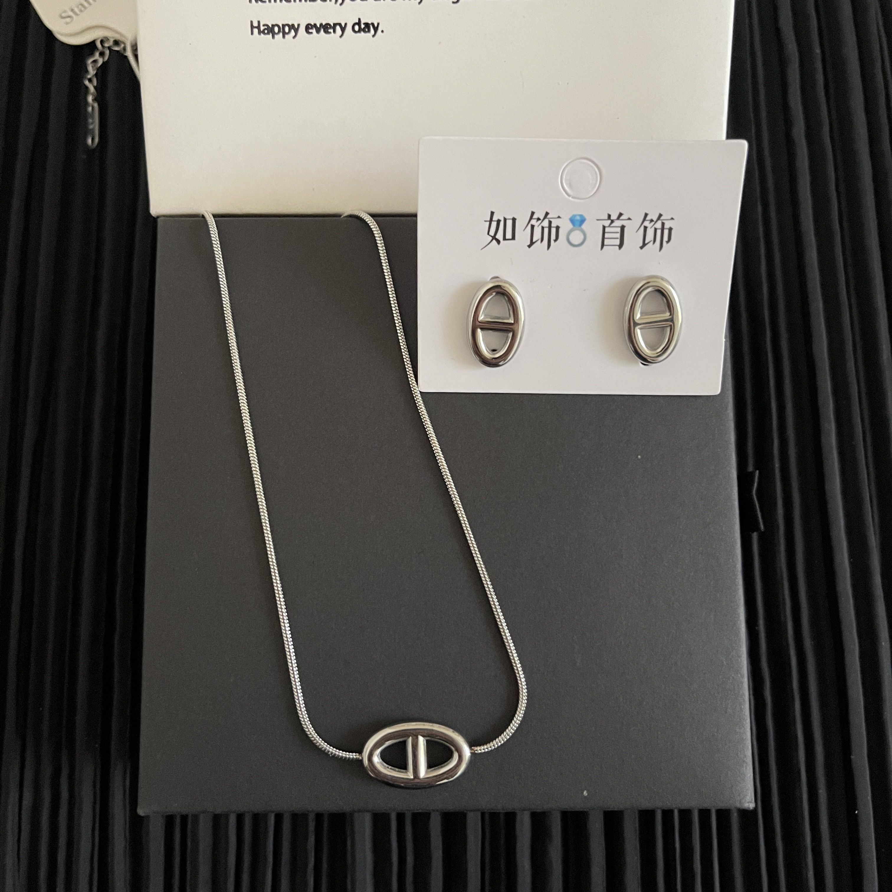 钛钢项链 如饰 钛钢猪鼻子两件套套装时尚百搭简约
