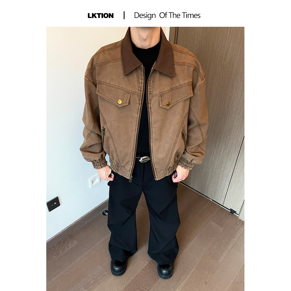 LK正品  复古美式做旧水洗PU皮衣男重磅质感廓形短款皮夹克