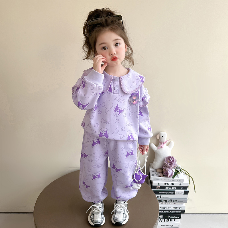 小女童运动套装春秋款女宝宝满印卡通春装小女孩翻领卫衣两件套潮