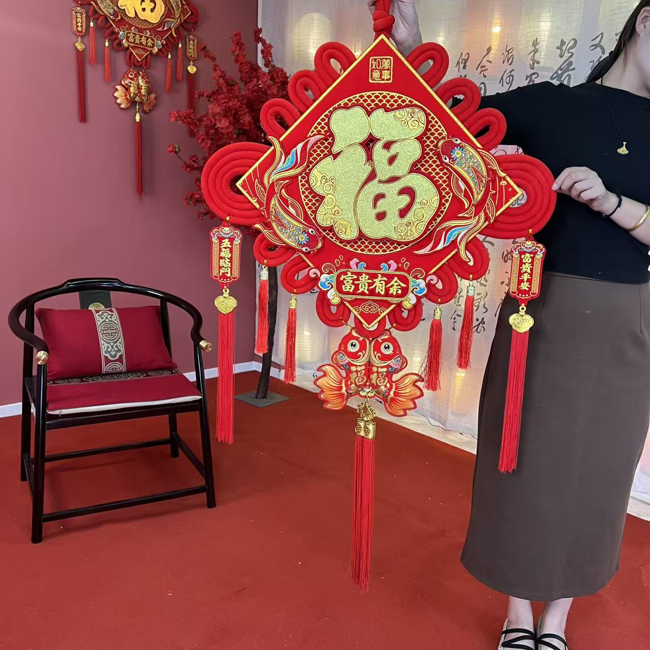 花开【2026年】新款3D立体中国结挂件福字客厅大号背景墙壁挂家