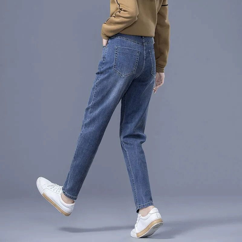 蓝色牛仔裤2025春季新款爆款高腰显瘦直筒休闲裤宽松百搭哈伦裤子