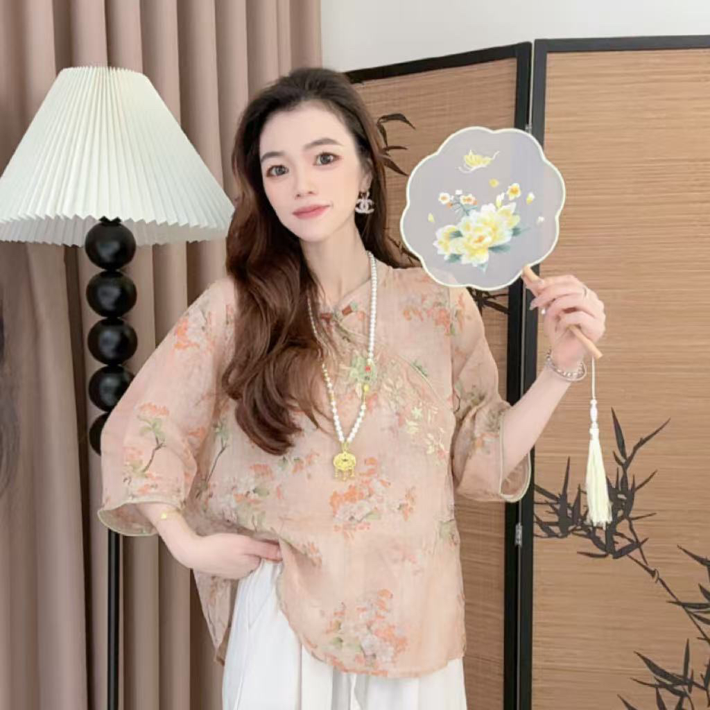 025富贵人家复古文艺刺绣麻纱国风宽松五分袖轻薄百搭夏季衬衫