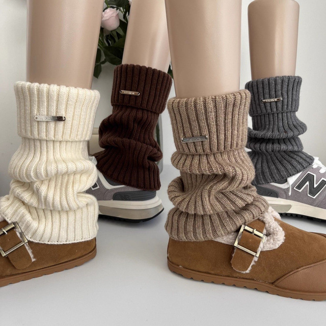 日系奶白色羊毛袜套女秋冬中短筒慵懒堆堆针织袜套烟灰色小腿袜套