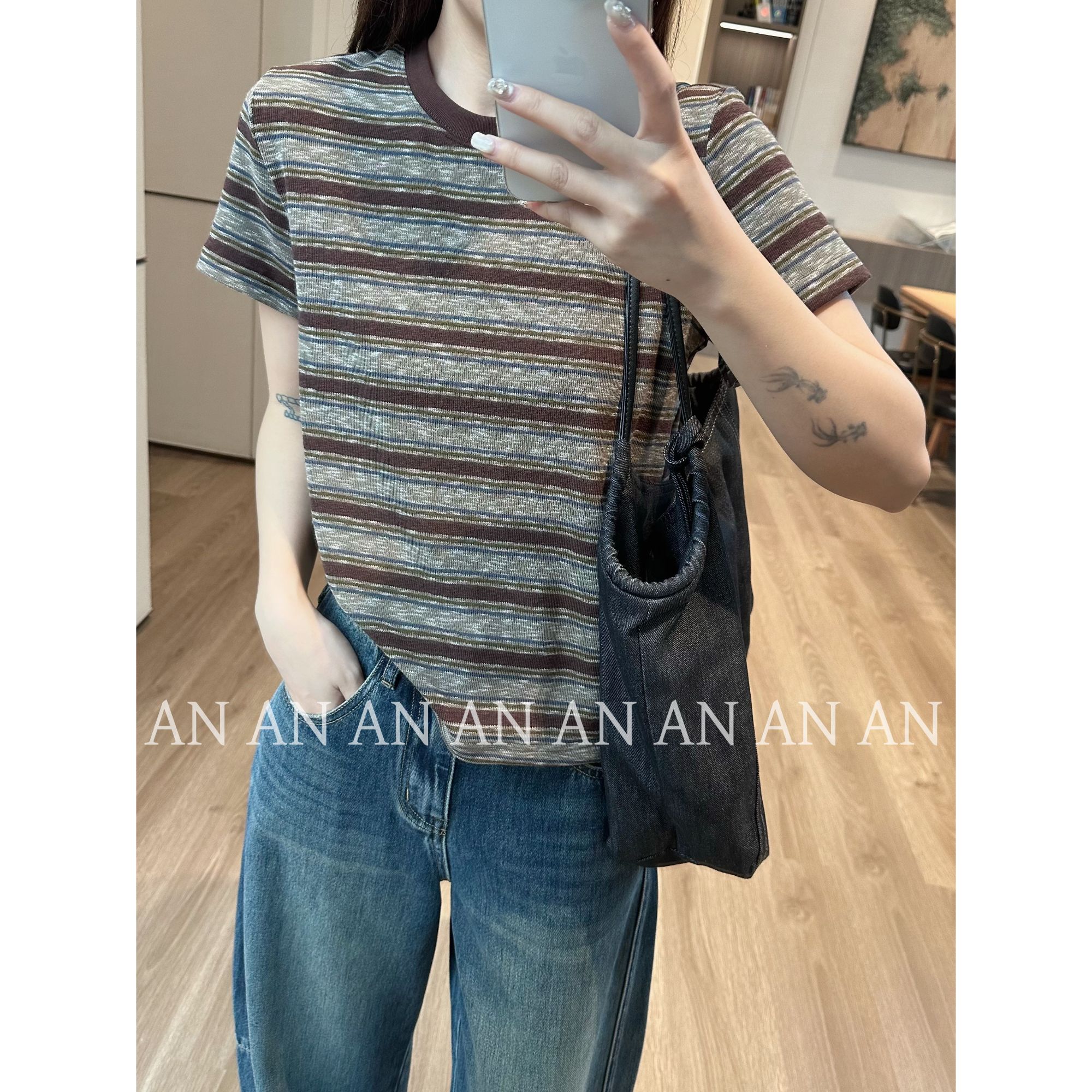 C08001美式复古宽松慵懒舒适圆领撞色条纹短袖T恤