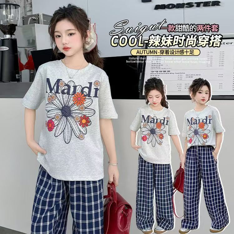 女童2025夏季新款儿童卡通字母印花短袖上衣百搭格子休闲裤两件套