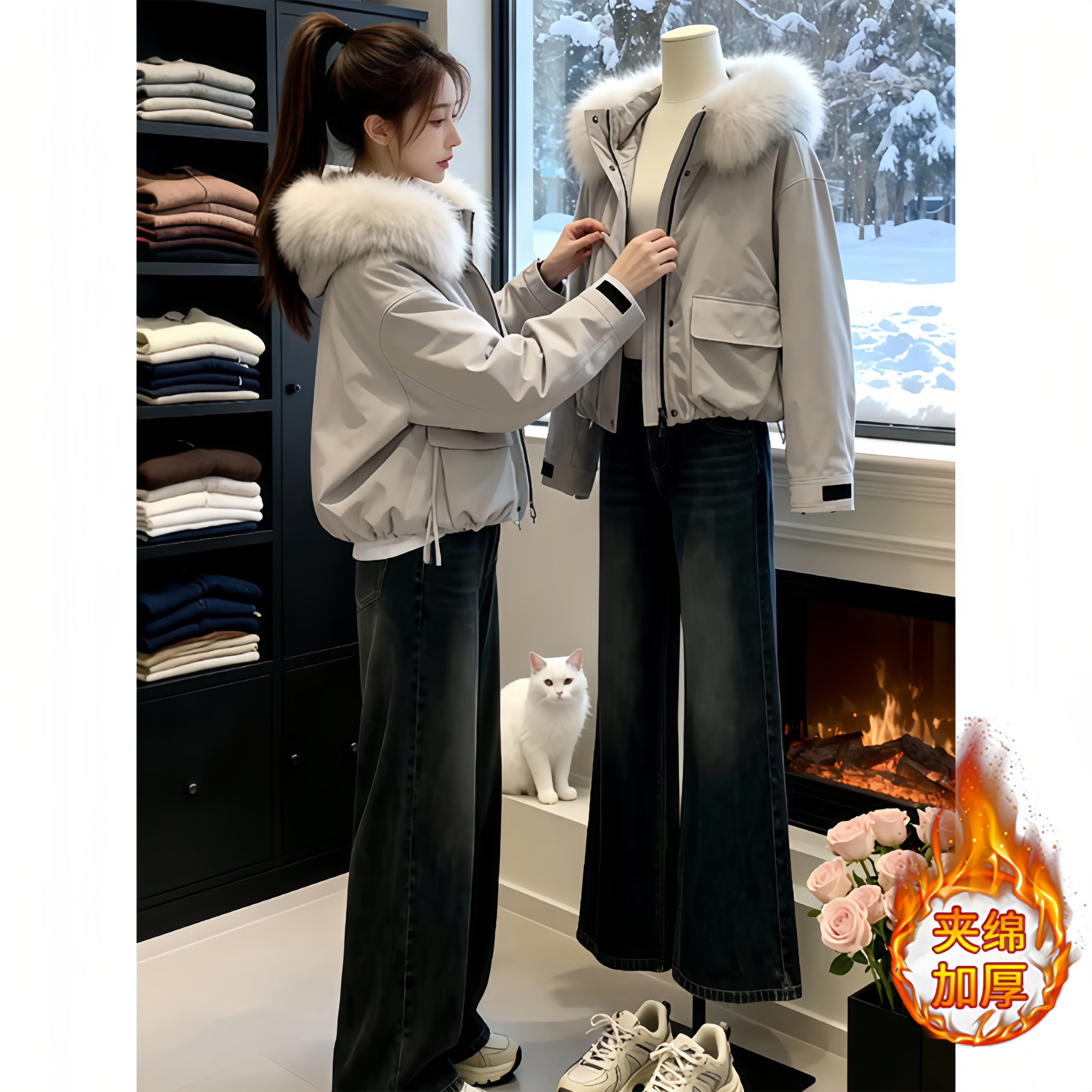 棉服女款2026新款冬季短款小个子派克服工装大毛领今年流行