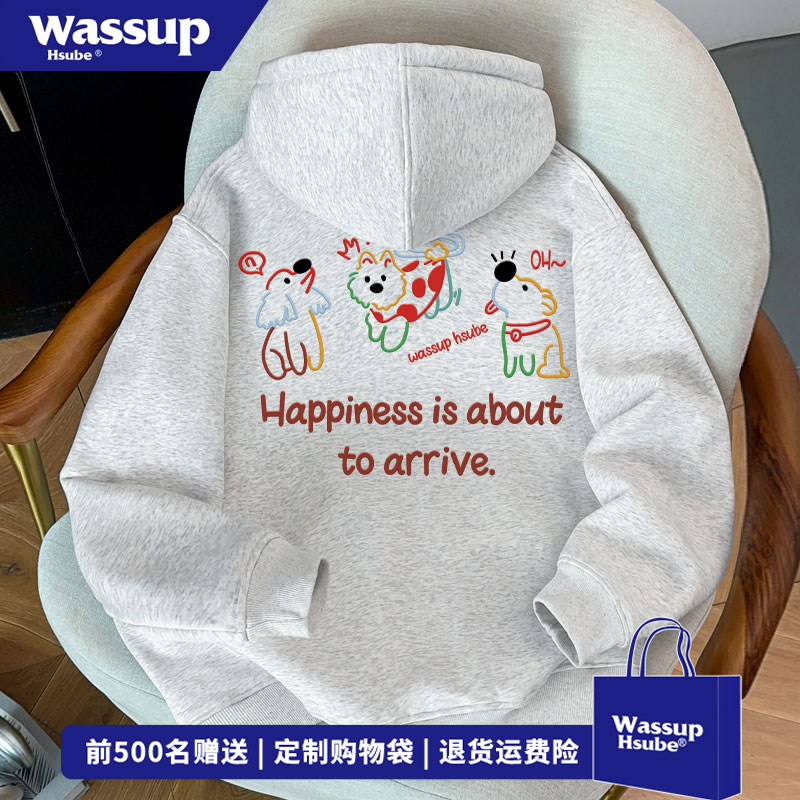 WASSUP HSUBE 美式趣味小狗印花白灰色外套秋冬个性百搭开衫卫衣