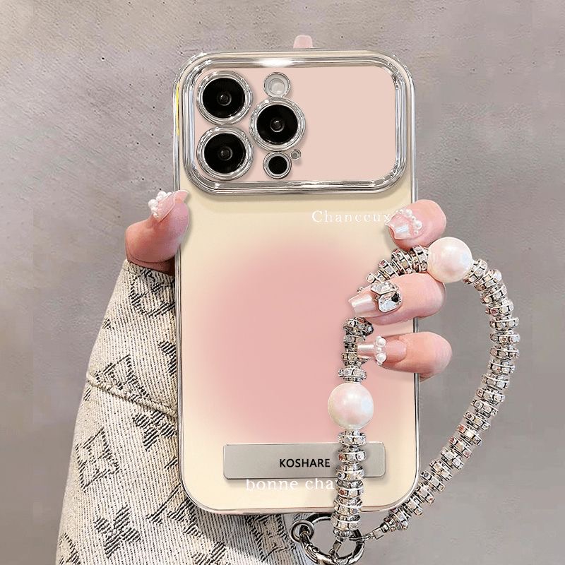 粉色晕染适用苹果17promax手机壳新款16电镀大视窗简约支架手链15