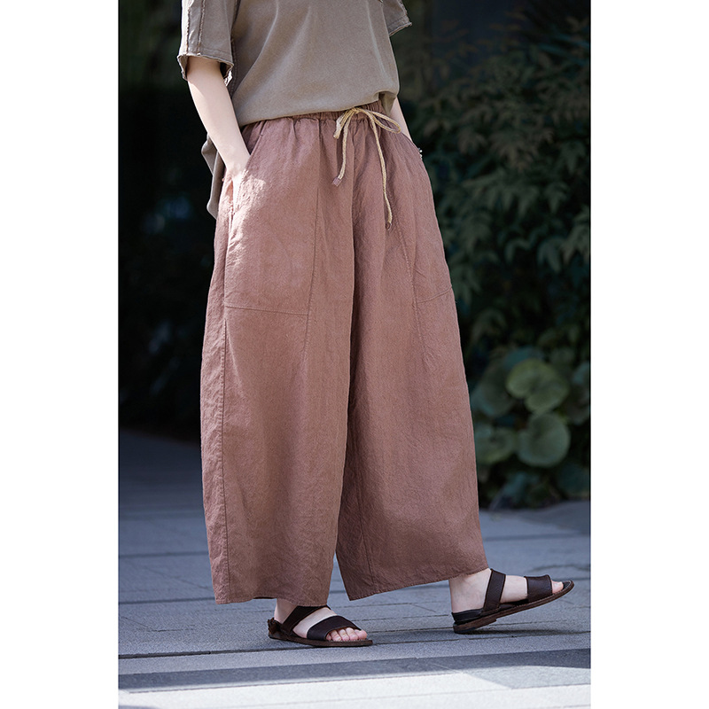 夏季新款文艺复古原创女装淡藻色汉麻轻盈透气宽松休闲裤萝卜裤