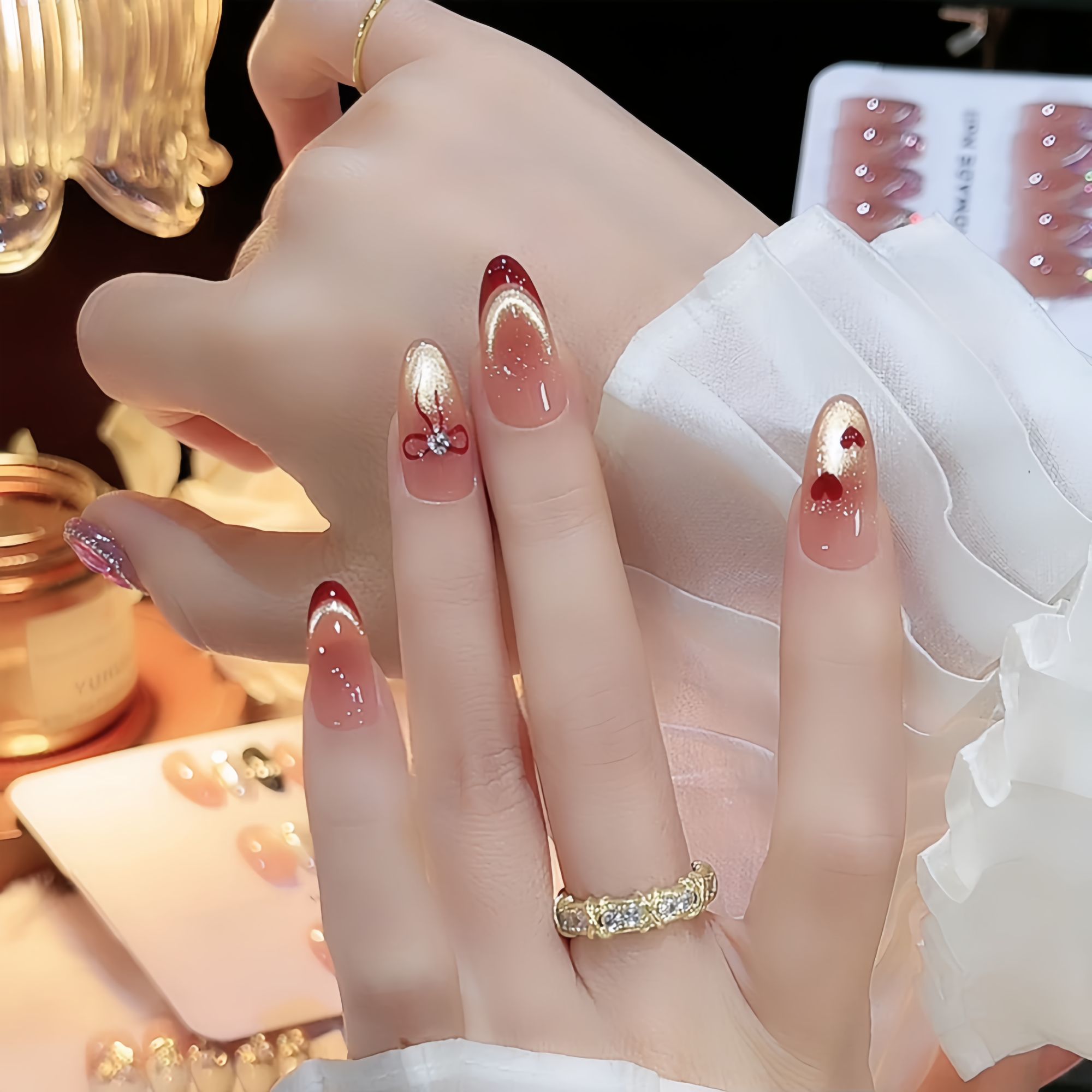 【酒红密语】纯手工穿戴甲显白气质镶钻蝴蝶结中长款穿戴式美甲贴片