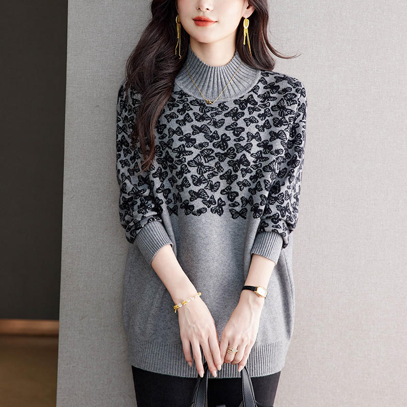 秋冬2025新款大码提花半高领毛衣女宽松洋气显瘦中长款针织打底衫