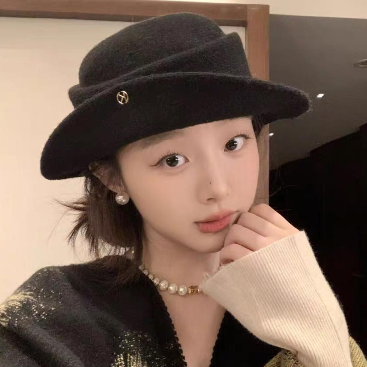 赫本风法式黑色优雅礼帽女秋冬显脸小卷边毛呢千金帽子复古渔夫帽