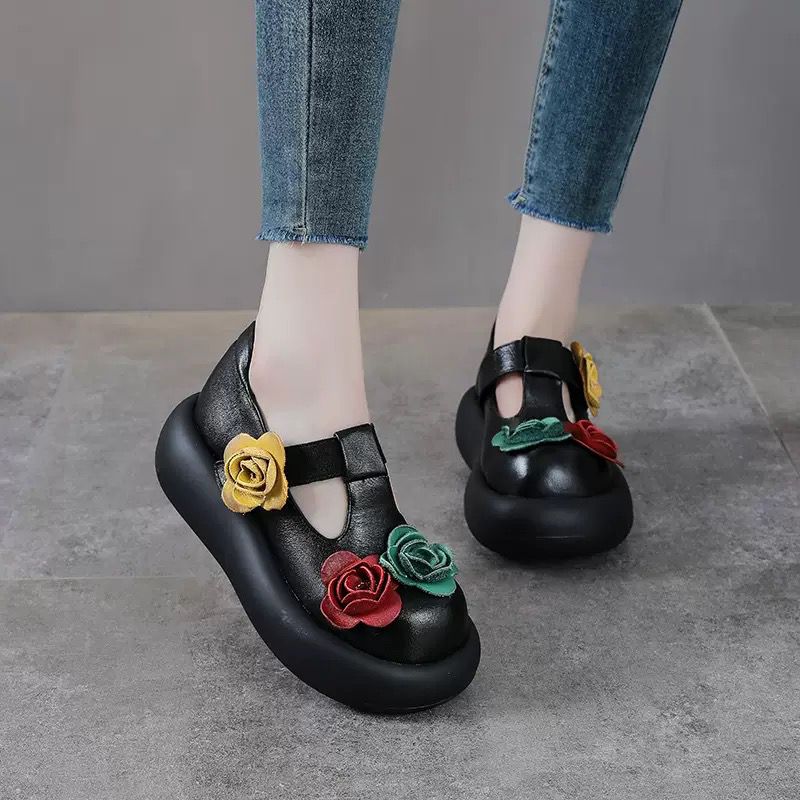 2025春秋单鞋女复古厚底花朵玛丽珍鞋头层牛皮魔术贴松糕文艺女鞋
