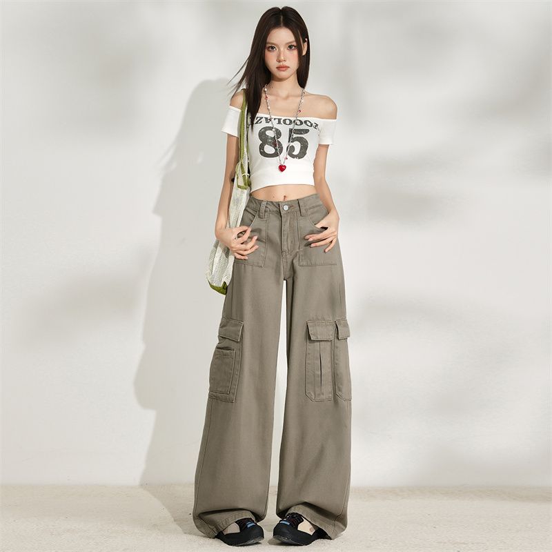 棕色美式辣妹街头百搭高腰设计感口袋阔腿休闲工装裤女2025年初秋