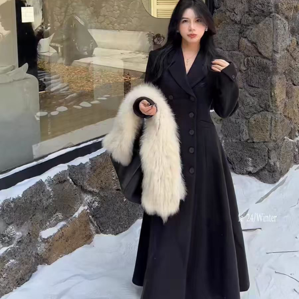 『加棉』雪季双排扣长款毛呢外套女2025冬季新款赫本风气质收腰大衣