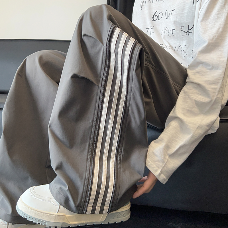 休闲裤男春秋季新款美式潮牌高街设计感三条杠运动宽松直筒长裤子