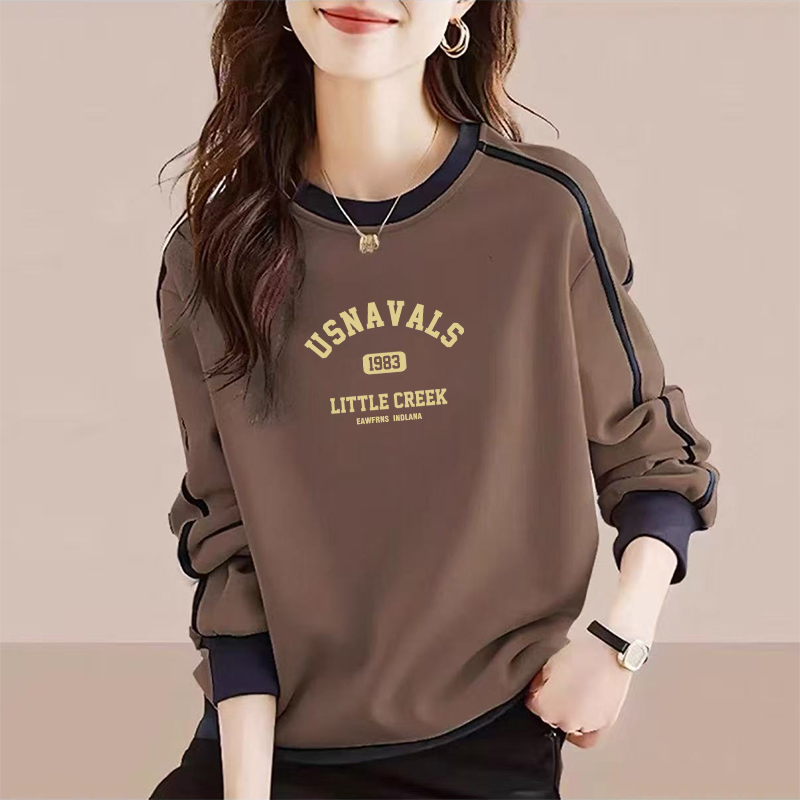 韩版拼色圆领加绒卫衣秋季新款时尚洋气大码宽松显瘦胖mm女装上衣
