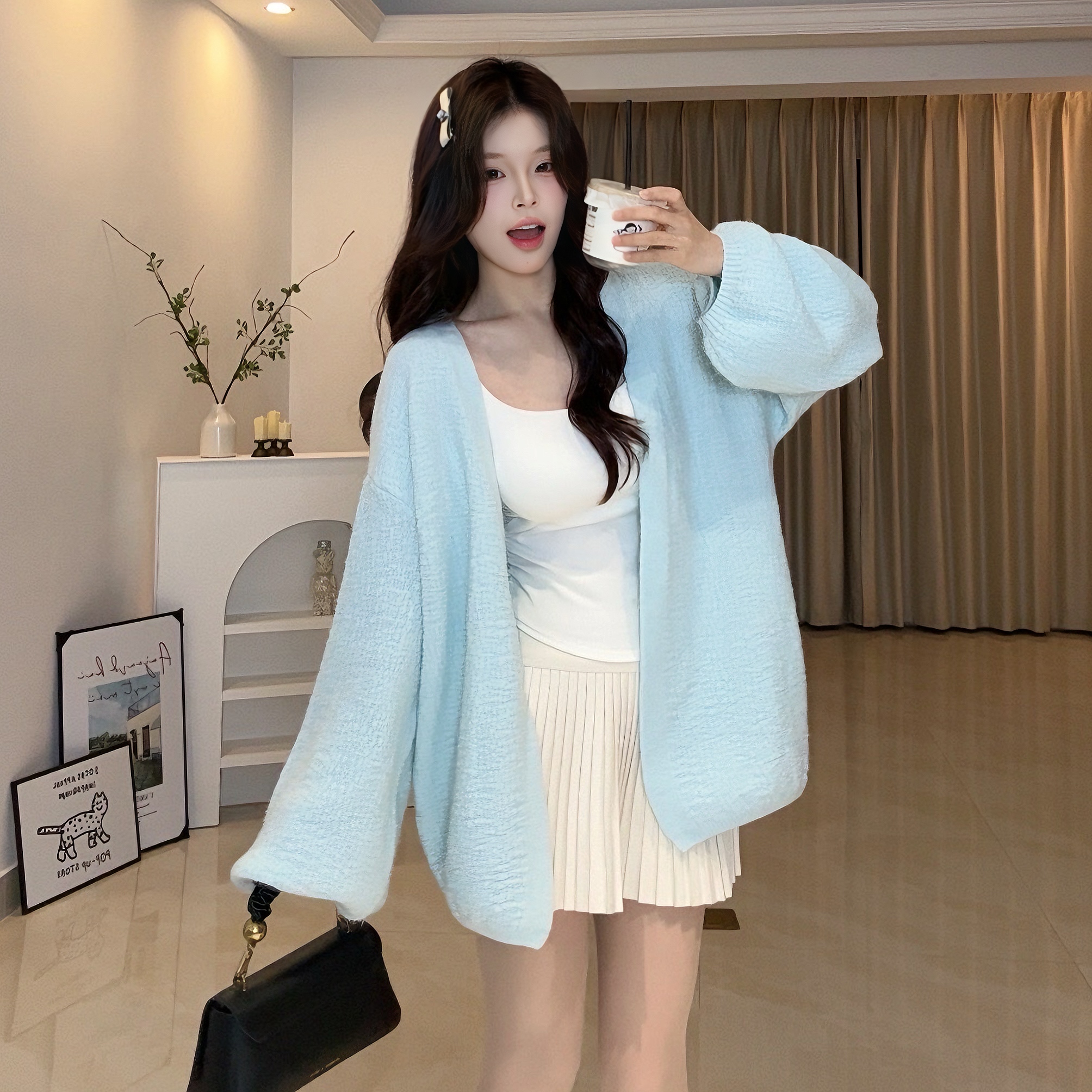 树皮纹2025年新工艺开衫灯笼袖慵懒风百搭开衫宽松显瘦春秋款外套