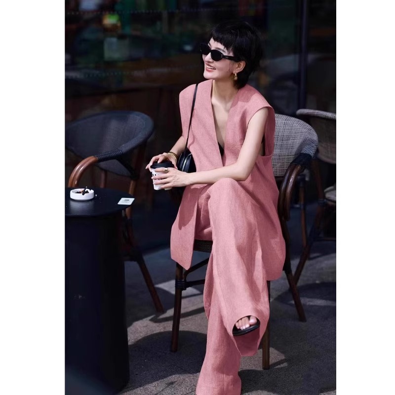 老钱风亚麻套装女夏轻奢通勤松弛感棉麻无袖西装马甲阔腿裤两件套