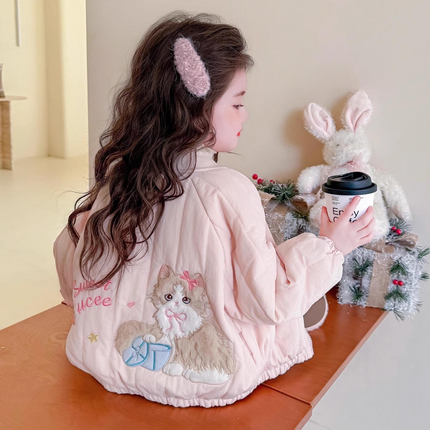 女童加绒外套秋冬季2025新款儿童加厚薄棉衣洋气宝宝卡通保暖上衣