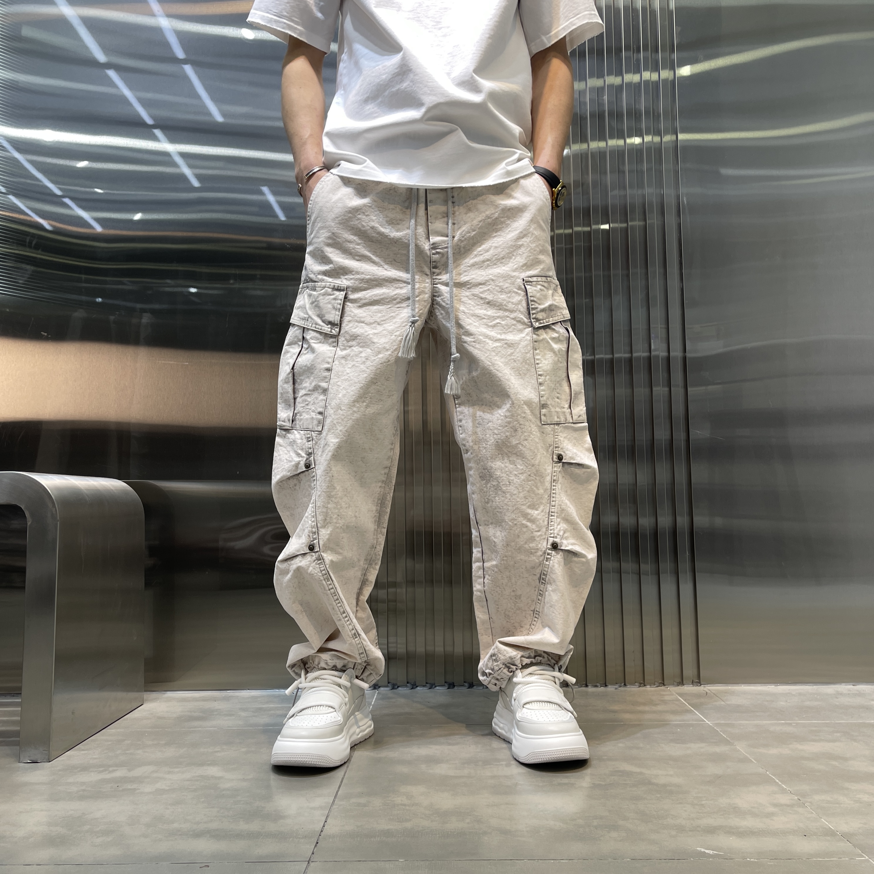 秋季新款美式直筒工装裤裤脚抽绳设计宽松百搭裤子男款休闲长裤