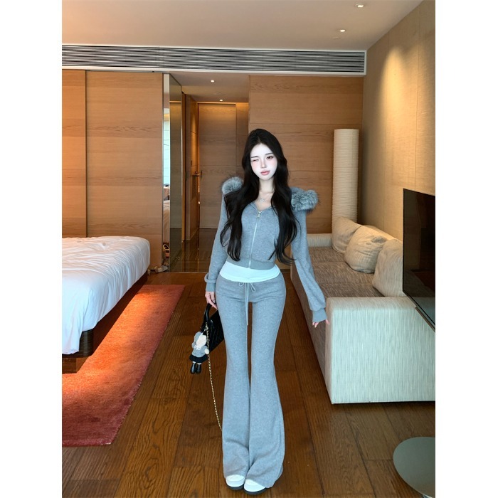 设计感加绒加厚连帽拉链卫衣外套女秋冬套装灰色微喇叭裤子两件套