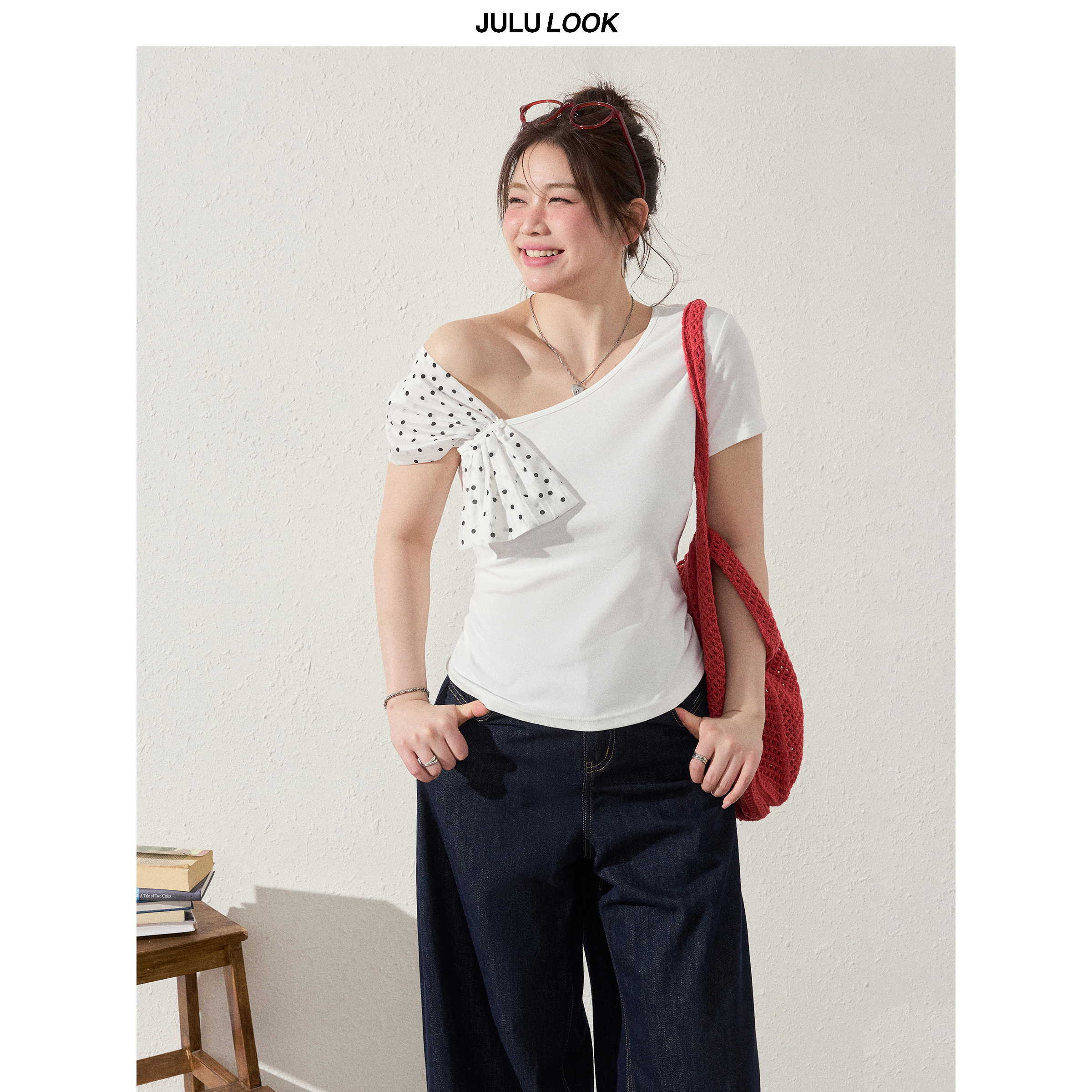 韩系微胖mm修身设计感蝴蝶结斜肩短袖t大码T恤女夏季时尚显瘦上衣