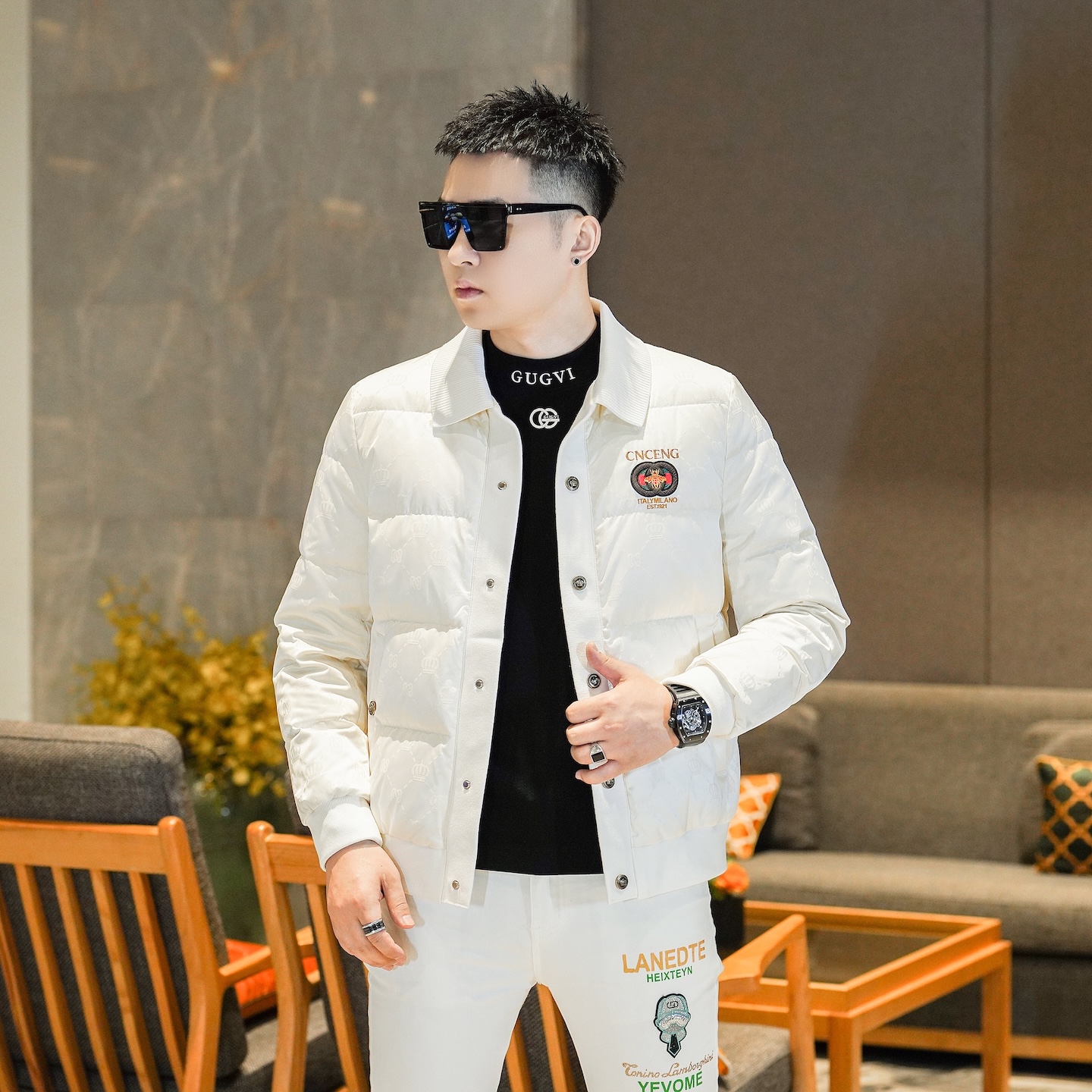 男士冬季厚款欧货重工撞色刺绣白色翻领白鸭绒羽绒外套男GL88241