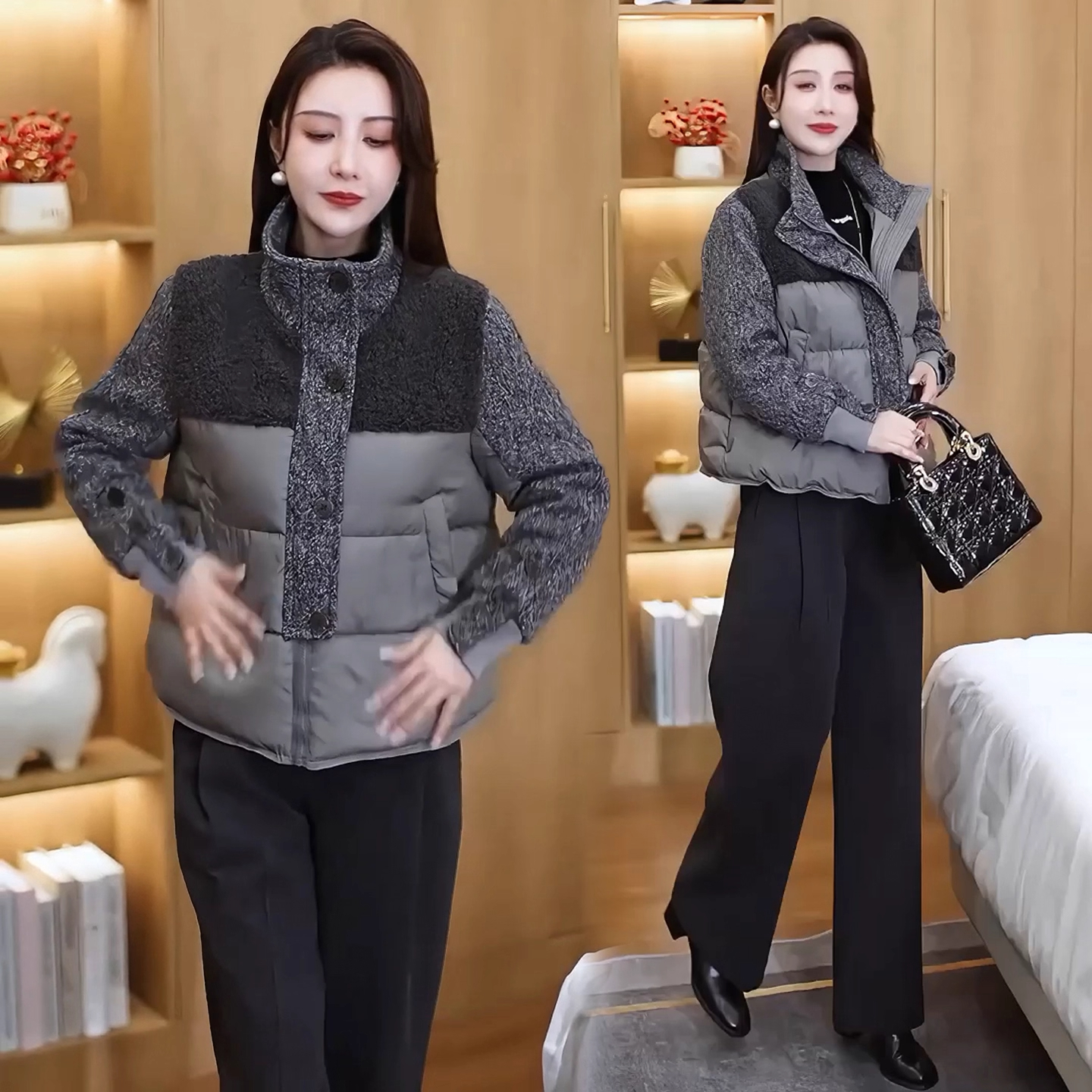 洋气毛呢拼接棉衣女2025冬季新款加厚保暖显瘦棉服百搭棉袄外套潮