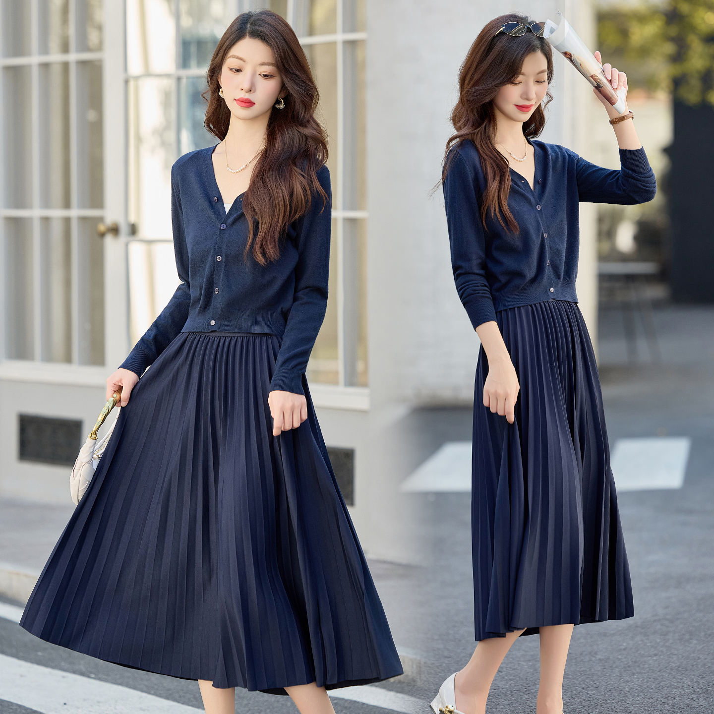 休闲时尚针织衫套装女2025春秋新款简约气质遮肉显瘦半身裙两件套