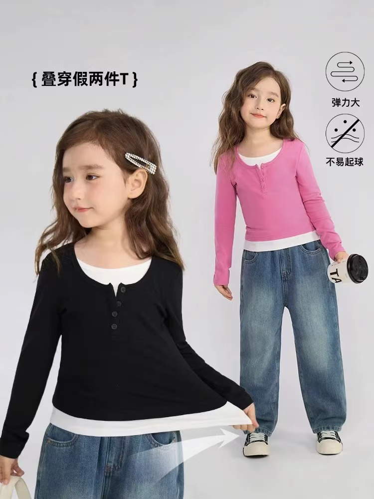女童长袖T恤时尚休闲假两件女孩圆领秋季衣服儿童百搭上衣韩版