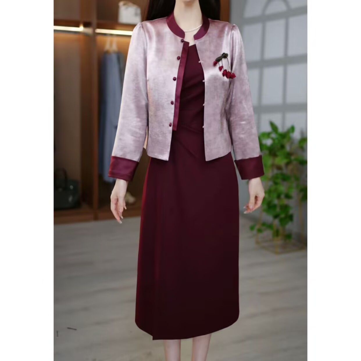 高级琉璃缎高档气质新中式阔太太套装2025秋季新款上衣裙子俩件套