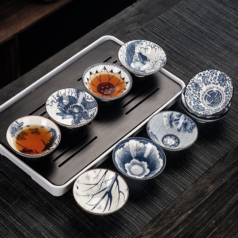 【6个一套】青花斗笠杯釉下彩茶杯主人杯整套陶瓷家用品茗杯