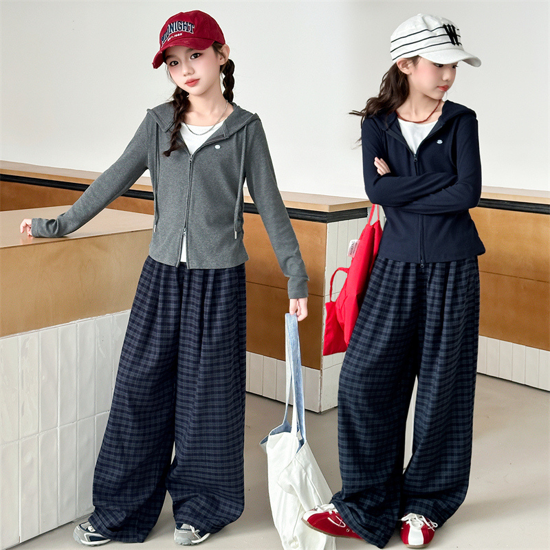 女童套装秋装2025新款儿童洋气假两件外套女孩春秋格子裤两件套潮