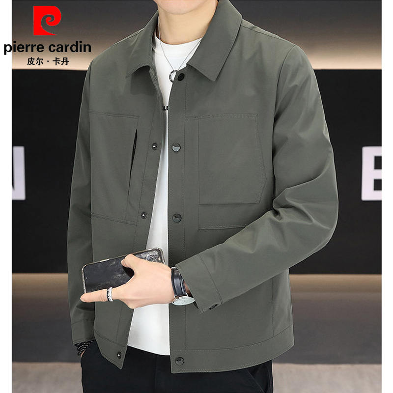 皮尔卡丹男士夹克春秋新款修身潮流百搭休闲翻领外套男纯色上衣