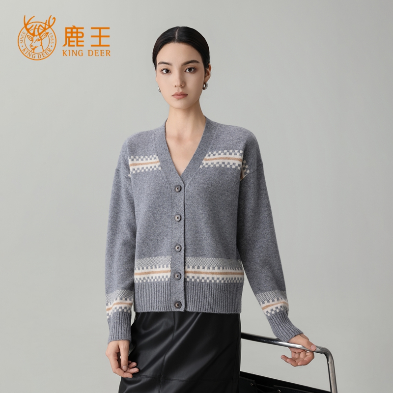 【专柜新品】鹿王女V领100山羊绒提花秋冬开衫 加厚 912518322
